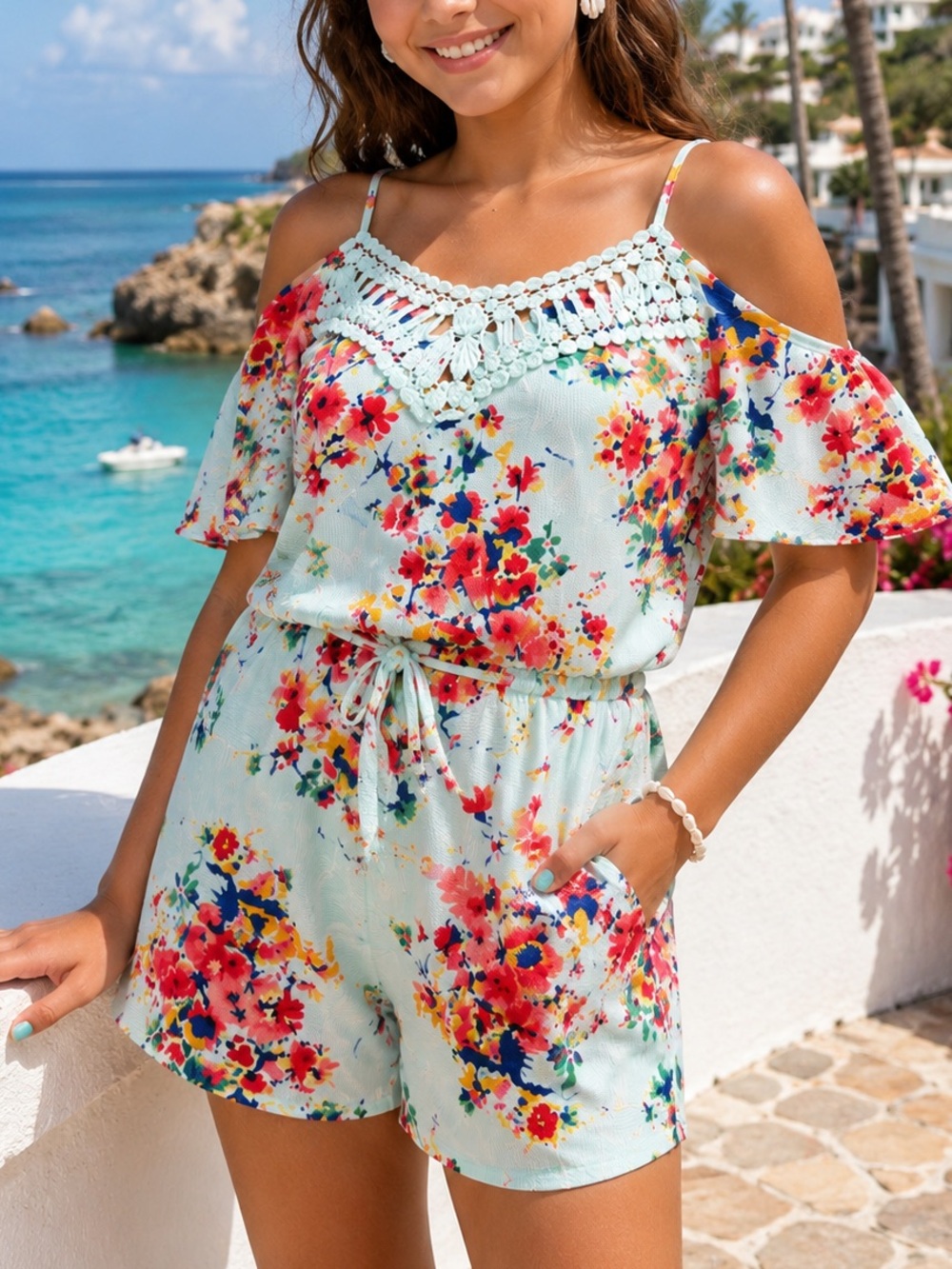 Paper Doll Floral Cold Shoulder Romper Size 16 Crochet Lace Boho Summer